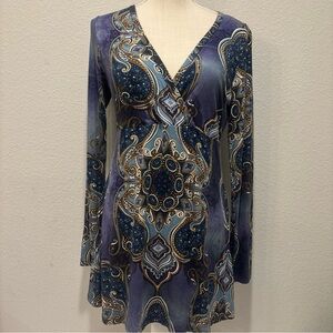 Karen Kane Women’s Medium Long Sleeve Blue Floral Paisley Dress Boho